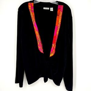 Chico's Travelers Black Long Sleeve Silk Trim Tie Front Blouse Size 3 XL 16